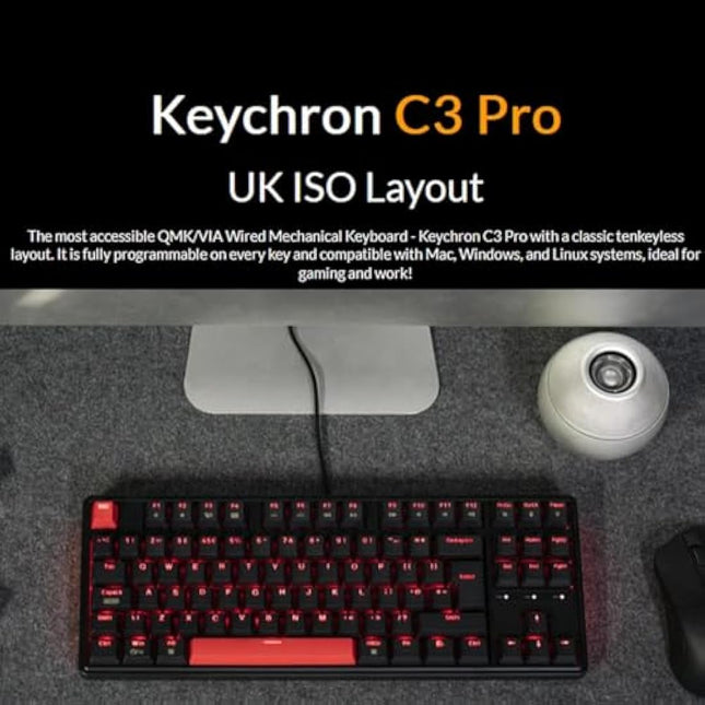 Keychron C3 Pro Custom Gaming Keyboard ISO UK Layout, QMK/VIA Programmable 87 Keys Compact TKL Wired Mechanical Keyboard, Red LED Backlits Gasket Mount with Red Switches for Mac/Windows/Linux