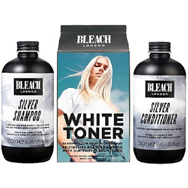 (Pack of 3) Bleach London Silver Shampoo x 250ml, White Toner Hair Kit & Silver Conditioner x 250ml