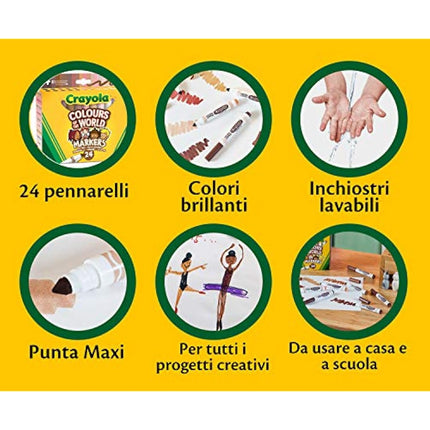 CRAYOLA Colours of the World Washable Markers - Assorted Colours (Pack of 24) | Colours That Represent Skin Tones from Around the World | Ideal for Kids Aged 3+