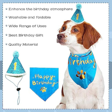 BIPY Blue Dog 1st Birthday Hat Bandana Banner for Boys Small Medium Dogs Cats Soft Bibs Doggy Party Grooming Supplies Celebration Birthday Bandana Set Costumes Headwear