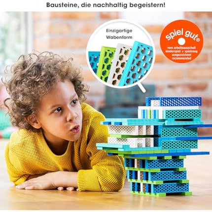 bioblo Hello Box Ocean Mix with 100 Pieces, Sustainable Colourful Building Blocks for Children from 3 Years, Wooden Building Blocks, Children's Toy, STEM Montessori Toy for Stacking and Balancing