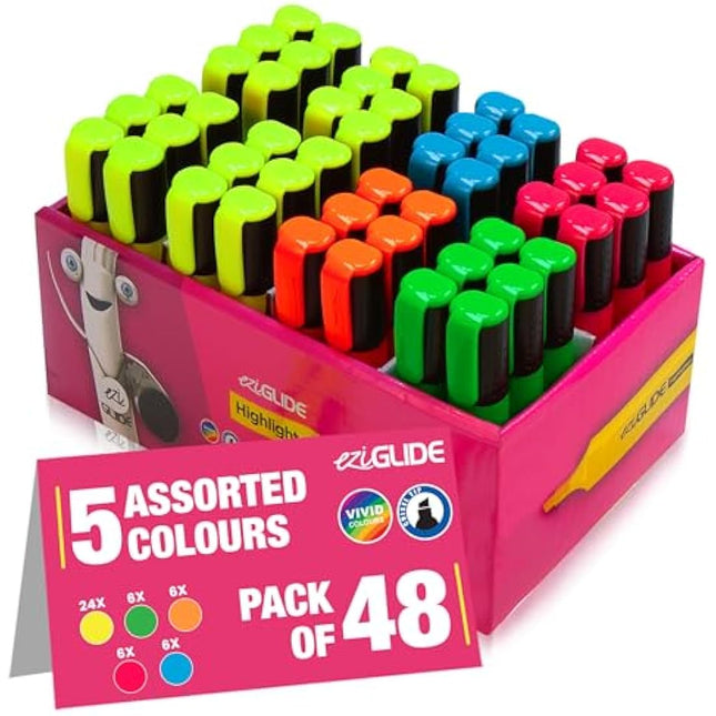 Eziglide Highlighters Pens 48-Pack, 5 Assorted Colours - Neon Assorted Chisel Tip Marker for Bold & Fine Marking, 1-4.5mm Line for Clear Marking, Ideal for Schools, Universities, & Offices