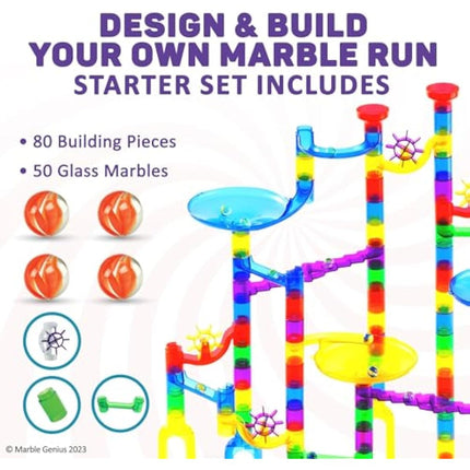 Marble Genius Marble Run (130 Complete Pieces) Maze Track or Race Game for Adults, Teens, Toddlers, or Kids Aged 4-8 Years Old, (80 Translucent Marbulous Pieces + 50 Glass-Marble Set), Starter Set