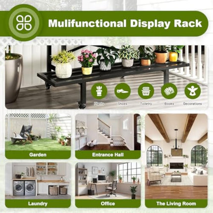 CStern Flower Shelf with Wheels, Metal Flower Stand, 2 Levels Flower Stairs, Black Plant Shelf, Plant Stairs, Flower Bench, Plant Stand, Flower Frame, Plant Shelf for Indoor, Outdoor, Garden, Balcony