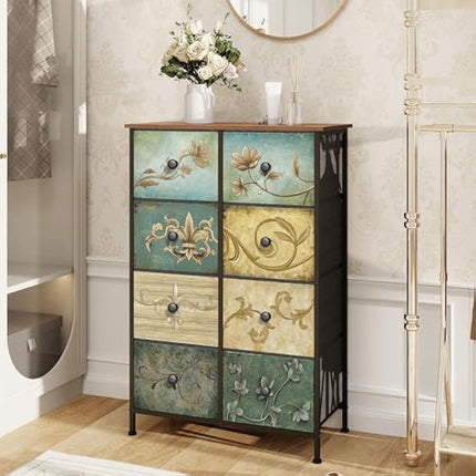 VEDECASA Chest of Drawers with 8 Drawers Narrow Tall Dresser for Bedroom Retro Floral Pattern Clothes Storage Organiser Unit for Living Room Entryway Closet Wood Board Metal Frame