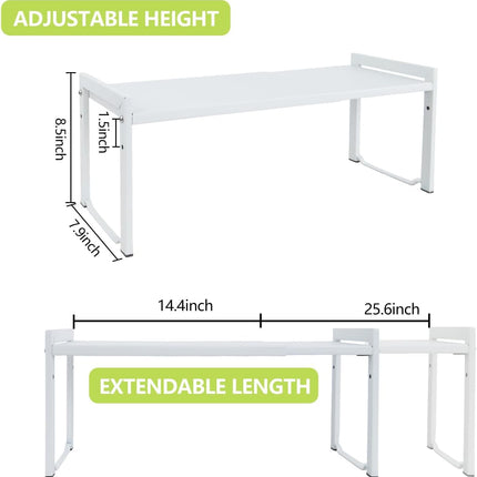 Goodsnetic 2 Packs Expandable Cabinet Shelf 13.8~26"(L), Stackable Kitchen Counter Shelf Organizer, 33LBS Heavy Duty Shelf Riser, Countertop Storage