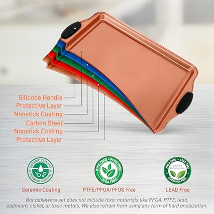 NutriChef 5 Piece Baking Pan Set - PFOA, PFOS, PTFE Free Flexible Nonstick Carbon Steel Bakeware Set - Home Kitchen Bake Pan Cookie Sheet Stackable Baking Tray Set w/Black Silicone Handles