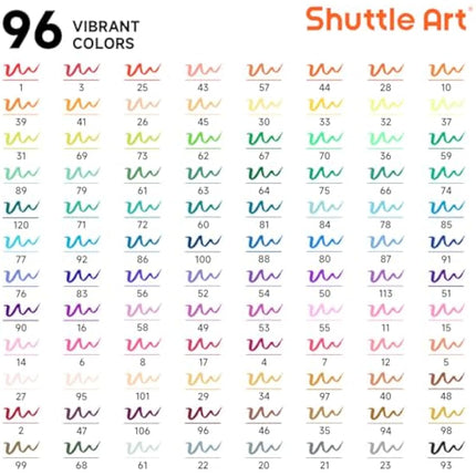 Shuttle Art Dual Tip Brush Pens, 96 Colours Fine and Brush Tip Markers Set with Pen Holder & 1 Colouring Book, Felt Tip Colouring Pens for Adults and Children Colouring Calligraphy Journal Doodling