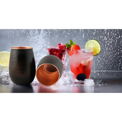 STAGLIFE 16 Oz Pure Copper Tumblers for Drinking Water Cups Mugs Glasses Set of 2, Solid Moscow Mule Hammered Tall Black Tumbler Cup Mug Glass with No Handle, Brushed/Large
