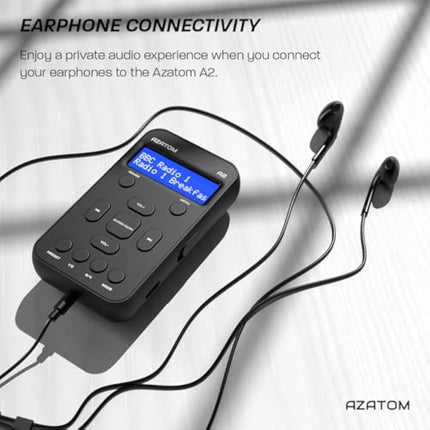 Portable DAB/DAB+ & FM Digital Radio | Sports Earphones Included | Clear Digital Display | Rechargeable Battery (10-12 Hours) | Perfect for Sports, Hiking or Working | AZATOM A2 (Black)