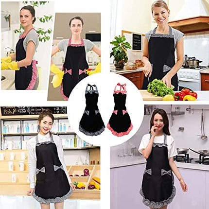 2 Pcs Women Cute Apron, Ladies Black Aprons With 2 Pockets, Waterproof Kitchen Aprons for Women, Chef Apron for Cooking Baking Gardening, Premium Aprons As Gifts for Mom Wife Girlfriend Grandma