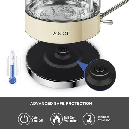 Electric Kettle, ASCOT Glass Electric Tea Kettle 1.5L 2200W Tea Heater & Hot Water Boiler, Borosilicate Glass, BPA-Free, Auto Shut-Off, Boil-Dry