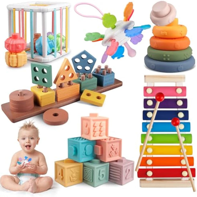Aliex 6 in 1 Montessori Toys for Babies 12 Months, Baby Toys Stacking Rings Blocks Wooden Shape Sorter Activity Cube Xylophone Gifts for Baby Boys Girls
