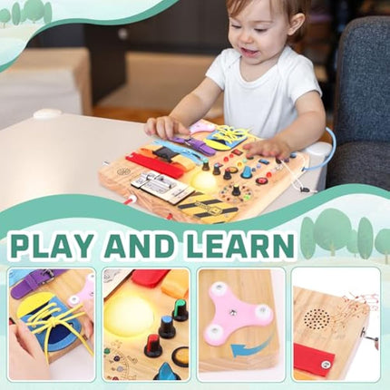 23 in 1 Busy Board Montessori Toys from 1 year Activity Board Wooden Toy With 15 Switches, 26 LED Lights, Motor Skills Toy for 1 2 3 year old boys and girls