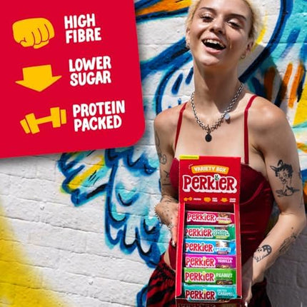Perkier Variety Box,18 bars, 6 Flavours, Vegan, Gluten Free, Protein, High Fibre, Lower Sugar Snack, Natural Ingredients, Lower Calorie, Healthy, No Palm Oil, Nut Bar, Carbon Neutral