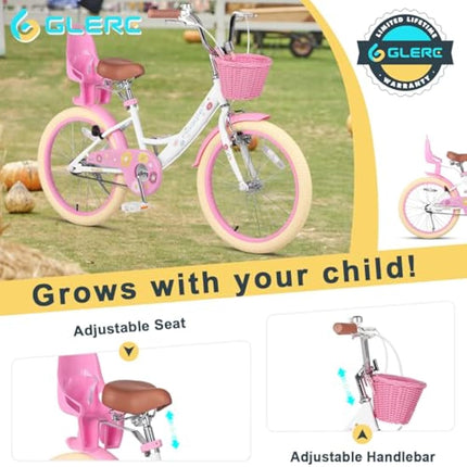 Glerc Maggie 20 Inch Kids Bike for 2-13 Years Old, Girls Bicycle with Doll-Seat & Basket & Stabilisers & Kickstand, Multiple Colors