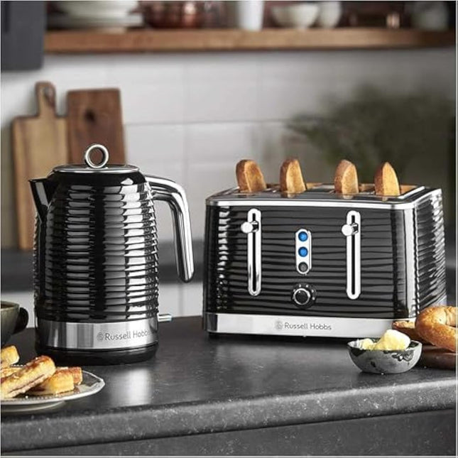 Russell Hobbs Inspire 4 Slice Toaster (Extra wide slots, High lift feature, 6 Browning levels, Frozen/Cancel/Reheat function with Blue LED illumination, 1800W, Black textured high gloss) 24381