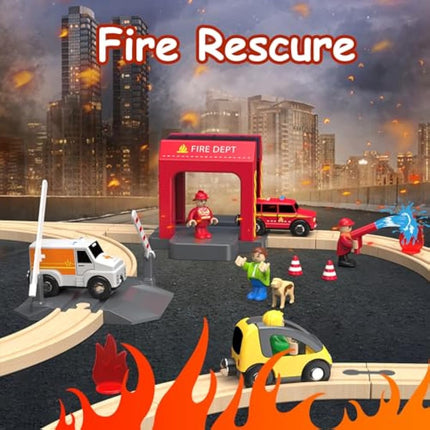 Giant bean Wooden Train Set 72 PCS, Wooden Train Tracks & Train Toys, Toddler Model Train Set, Toy Railway Kit for Kids Age 3 4 5 Year Old,Gift for Boys and Girls (Fire Station Theme)