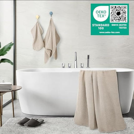 POLYTE Microfibre Oversize, 76 x 152 cm, Quick Dry Lint Free Bath Towel Set, 6 Piece (Beige, Waffle Weave)