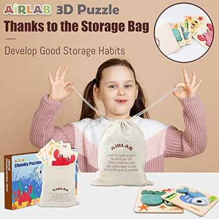 Airlab Montessori Toys for 1 2 3 Year Old Girls Boys, Wooden Jigsaw Baby Chunky Shape Puzzles, Fine Motor Skills Sensory Learning & Educational Travel Toys, First 1st Birthday Gifts