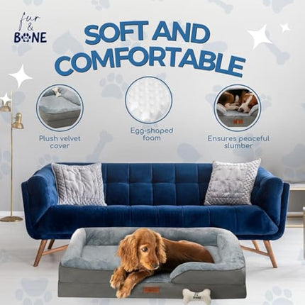 Fur & Bone Large Dog Bed (88 x 64 x 20 cm) – Dog Bed with Soft Cushion, Orthopedic Dog Beds, Removable Plush Velvet Cover, Waterproof Layer, Non-Skid Bottom - Supports Better Sleeping Positions
