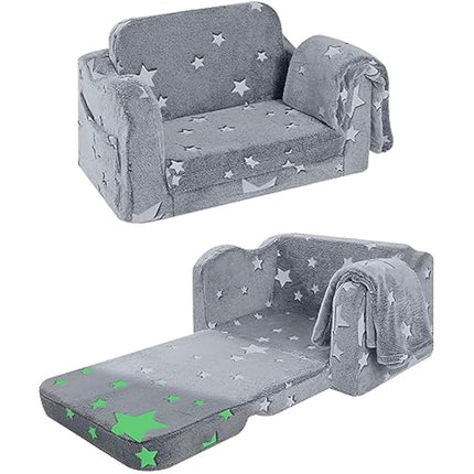 MeMoreCool Kids Couch Sofa, Folding Toddler Chair Bed, Soft Plush Fold Out Kids Armchair Floor Mini Sofa Glow in The Dark, Comfy Baby Recliner for Girls Boys, Grey