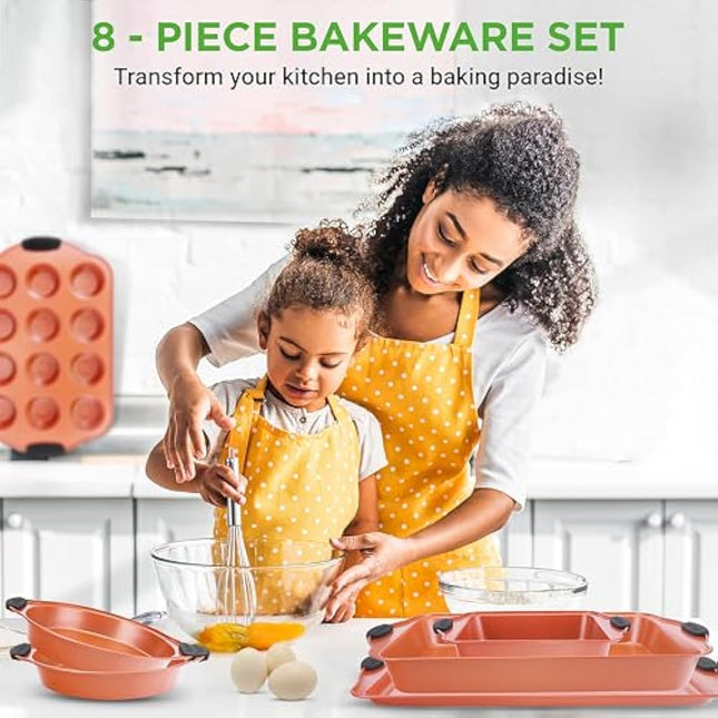 8 Piece Baking Pan Set - PFOA, PFOS, PTFE Free Flexible Nonstick Carbon Steel Bakeware Set - Home Kitchen Bake Pan Cookie Sheet Stackable Baking Tray Set w/Black Silicone Handles