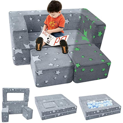 MeMoreCool Kids Sofa Bed, Modular Toddler Couch, Glow in The Dark Stars Kids Chair Lounger Fold Out, Baby Mini Couch Bedroom Furniture for Playroom, Grey Star