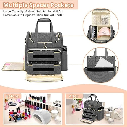 Betoores Nail Polish Organiser, Double Layer Nail Polish Case with 2 Removable Bags Hold 70 Bottles (15ml - 0.5 fl.oz) Nail Varnish Storage Bag for Nail Dryer Manicure Tool, Nail Supplies - Grey