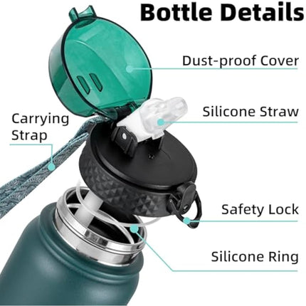 OLDLEY Stainless Steel Water Bottle with Straw 1L Vaccum Insulated Large Drink Flask Metal Water Bottles 1 Litre Leakproof Keep Drinks Hot Cold for Sports Gym Adult Women Men(Green Black, 1 Lid)