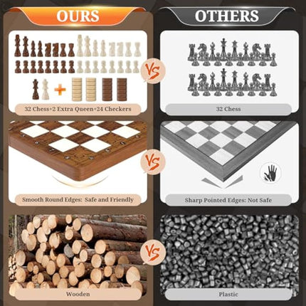 Tumu 2 in 1 Chess Set for Adults Kids - 16 Inch Magnetic Wooden Chess Board with Checkers, 2 Extra Queens, Folding Travel Chess Set with Storage Slots, Gift Toys for Boys Girls