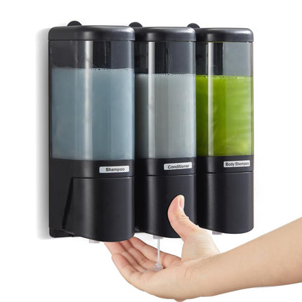 Szmst 480ML Wall Mounted Shampoo and Conditioner Dispenser,No Drill Shower Gel Dispenser,3 Chamber Liquid Soap Storage Container for Bathroom (302B