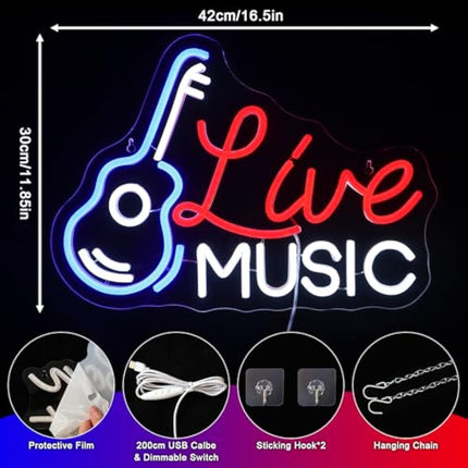 OYCGZV Live Music Neon Light Sign - Guitar Music Neon Sign for Wall Decor Guitar Neon Wall Light USB Led Sign for Bar Rock Music Studio Office Garage Bedroom Room Party Store Home