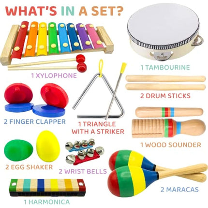 Stoie's Wooden Kids Musical Instruments for 1-5 years old, Baby Percussion Toys with Xylophone, Maracas, Tambourine, Durable, Safe to Play, Clear Sound, Bright Rainbow Colors, with a Storage Backpack