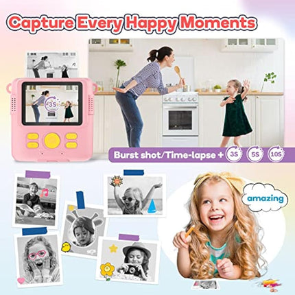 OPERHOO Kids Camera Girls Boys, Kids Instant Print Camera Toy 3-14 Year Old, 1080P HD Kids Digital Camera with Photo Paper Birthday Gifts 3 4 5 6 7 8 9+ Year Old Girl 6 Colour Pens 32GB SD Card