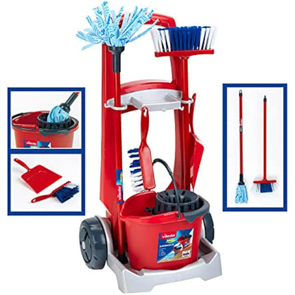 Theo Klein 6720 Vileda broom trolley with upright vacuum cleaner I Incl. Accessories such as mop, bucket, brush and dustpan I Dimensions: 29 cm x 24 cm x 60 cm I Toys for children aged 3 and over