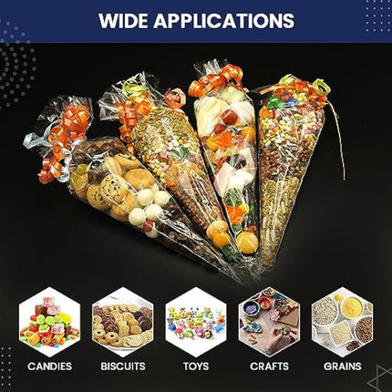 Sweet Cone Bags with Twist Ties and Ribbons, 100Pcs Cellophane Crystal Clear Sweet bags, Triangle Sweet Party Cones Bags Perfect for Halloween, Christmas and many more (16x30cm - Pack of 200)