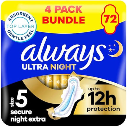 Always Ultra Sanitary Towels Secure Night Extra (Size 5) with Wings 18 Pads, Super Absorbent and Ultra Thin, for Menstrual Periods, Pack of 4