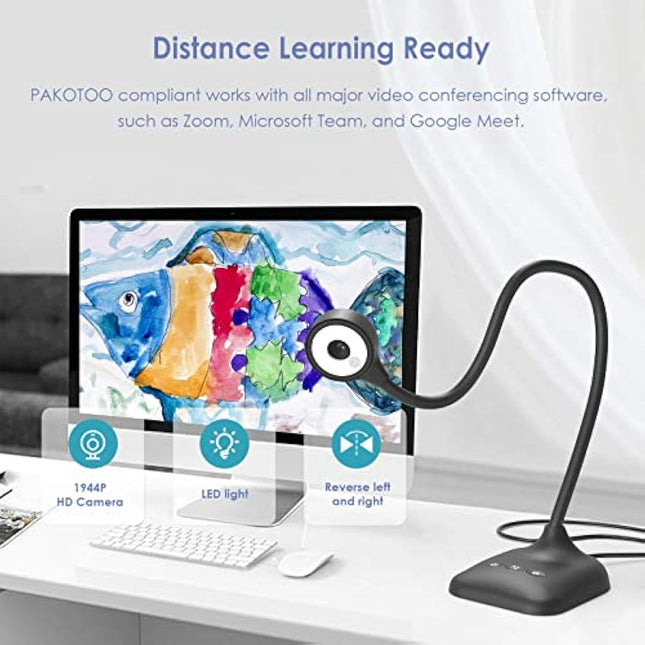 PAKOTOO Document Camera & USB Visualizer 5MP, for A3 Size, LED Light, iOS, Dual Microphone, Image Inversion, Folding with Zoom, Skype, Teams, OBS. for Windows, MacOS, Linux, Chromebook