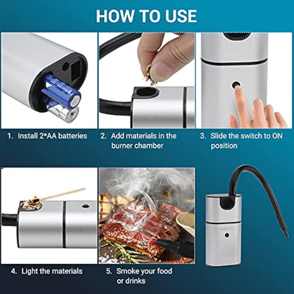 BORUiT Smoking Gun BBQ Cold Food Smoker, Portable Smoke Infuser Cheeses Salmon Sausage Meat Cocktail Smoker Handheld Portable BBQ Smoker with Wood Chips