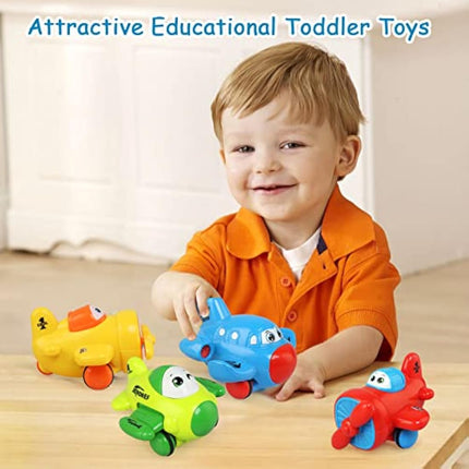JoyPlus Baby Toy Cars for 1 2 3 Year Olds, 4 PCS Push and Go Airplane Cars, Friction Powered Airplane Toys, Pull Back Aircrafts Vehicle Set, Helicopter Gifts for 1 2 3 4 Year Olds Boys Girls