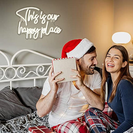 Looklight This is Our Happy Place Neon Sign Warm White Neon Signs for Wall Decor, Letter Light Sign Happy Place Light Up Signs for Bedroom Kids Room Home Bar Birthday Wedding Party Game Room