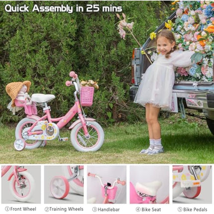 Glerc Maggie 12 Inch Kids Bike for 2-13 Years Old, Girls Bicycle with Doll-Seat & Basket & Stabilisers & Kickstand, Multiple Colors