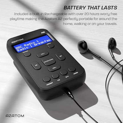 Portable DAB/DAB+ & FM Digital Radio | Sports Earphones Included | Clear Digital Display | Rechargeable Battery (10-12 Hours) | Perfect for Sports, Hiking or Working | AZATOM A2 (Black)