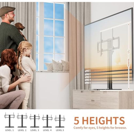 Universal Swivel TV Stand/Base Table Top TV Stand 40 to 86 inch TVs 110 Degree Swivel, 5 Level Height Adjustable, Heavy Duty Tempered Glass Base, Holds up to 66kgs Screens, HT04B-003P