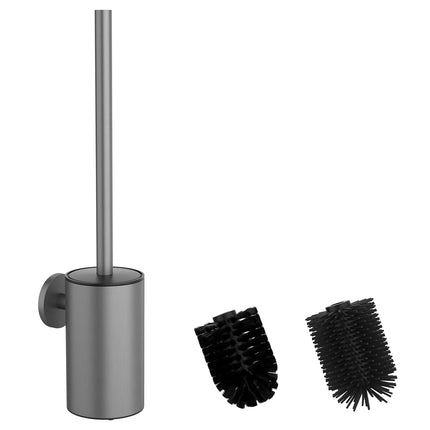 Mozmmhi Toilet Brush Made of 304 Stainless Steel, Toilet Brush Set with Wall Mounting and Brush Holder - Includes 2 Brush Heads (Round Gray)