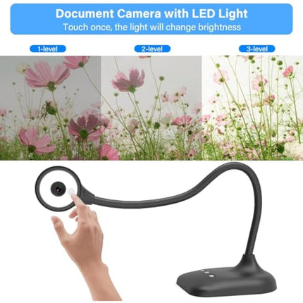 Kitchbai Visualiser, USB Document Camera for Teaching, PC Camera for Classroom with Auto Focus, MIC, LED Light, Image Invert, Fold, for Mac OS, Windows, Chromebook, for Distance Learning, Online Art