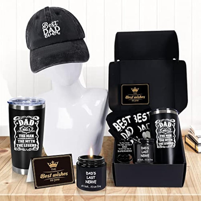 AYGE Dad Gifts from Daughter Wife Son, Awesome Dad Gifts, 6pcs Funny Gifts Set for Dad Who Wants Nothing, with 20oz Tumbler/Baseball Hat/Scented Candle/Socks/Keychain/Greeting Card Fathers Day
