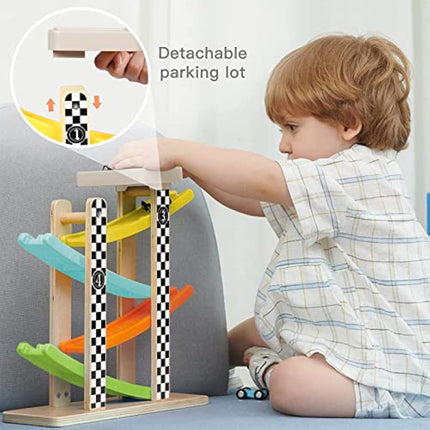 Top Bright Wooden Race Track Car Ramp Racer for 1 2 Year Old Boys Girls Gifts Presents, Toddler Toys with 4 Mini Cars