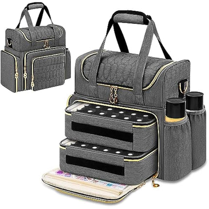 Betoores Nail Polish Organiser, Double Layer Nail Polish Case with 2 Removable Bags Hold 70 Bottles (15ml - 0.5 fl.oz) Nail Varnish Storage Bag for Nail Dryer Manicure Tool, Nail Supplies - Grey